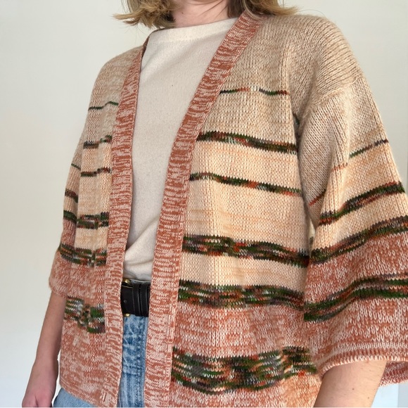 Vintage 70s Neutral Wide Sleeve Open Knit Cardigan - Picture 4 of 8